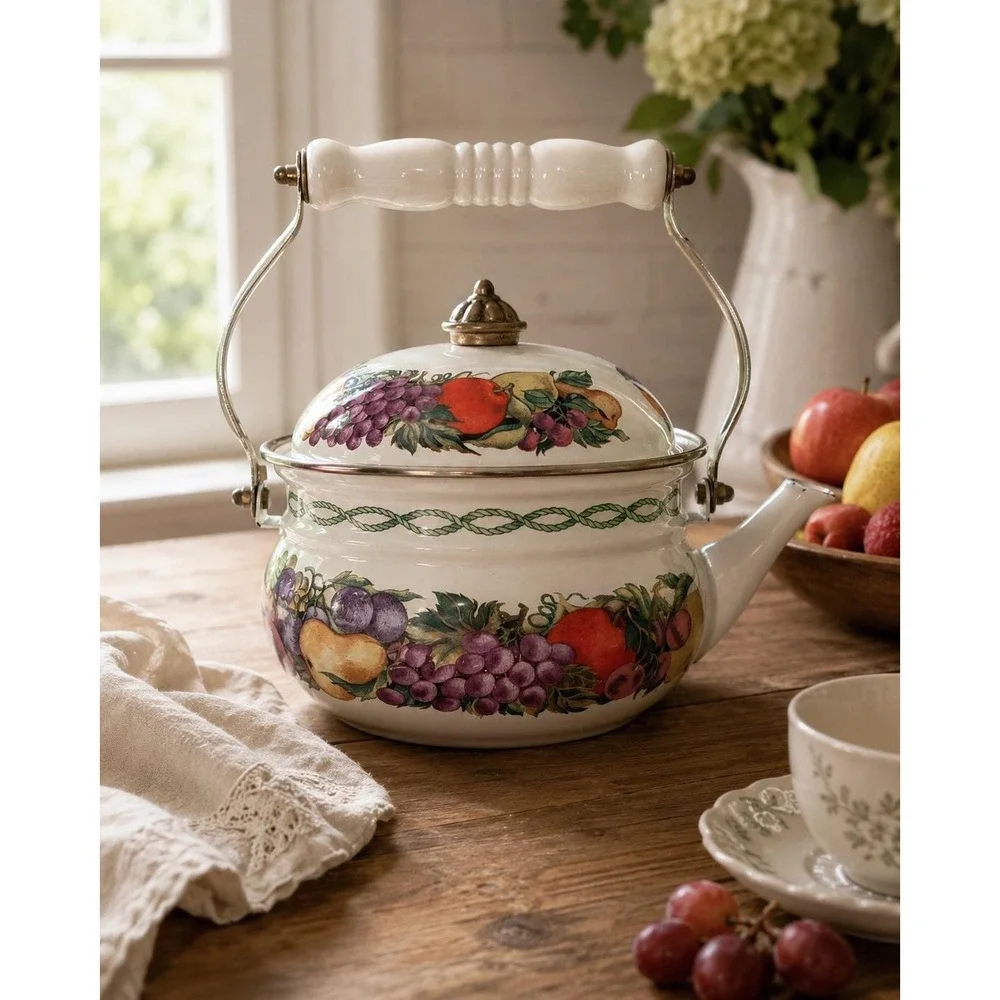 Vintage Lincoln Ware Style Enamel Tea Kettle Fruit Pattern Farmhouse Decor